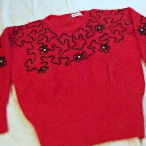 Vintage Mario Womens Angora Blend Sweater Red Fuzzy Embellished Beaded M-L